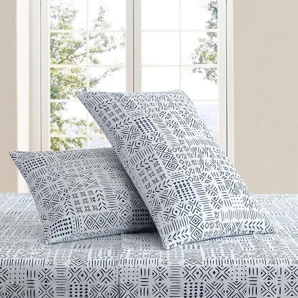 🆕4 Piece Blue King Bed Sheet Boho Geometric Patterned Soft & Wrinkle Bed Set - Picture 2 of 7